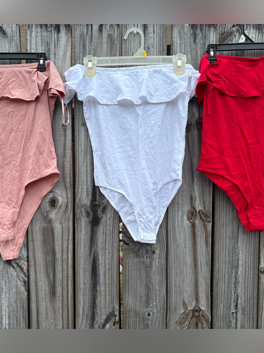 Three Off-Shoulder Ruffle Bodysuits Bundle White, Blush, and Red